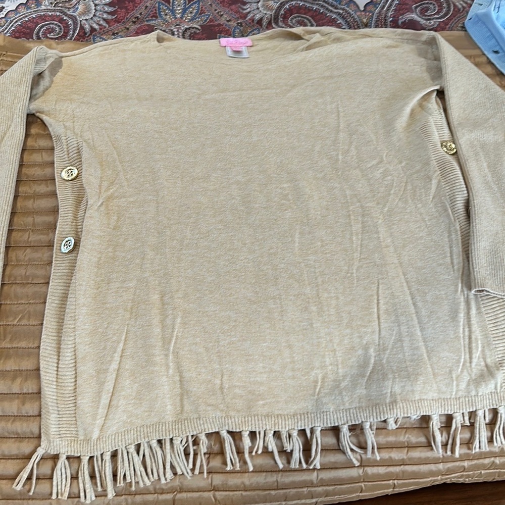 Tan lightweight sweater with gold buttons